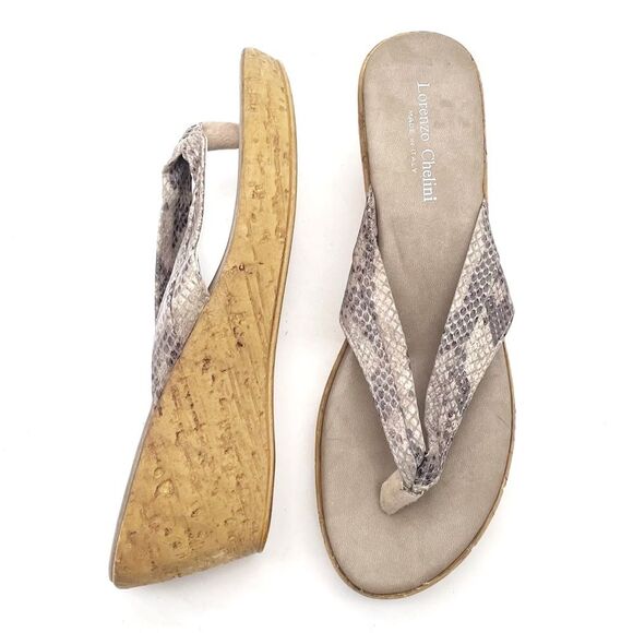 Lorenzo Chelini Taupe Faux Snakeskin Cork Wedge Sandal Thong Flip Flop Size 10 - Picture 15 of 16